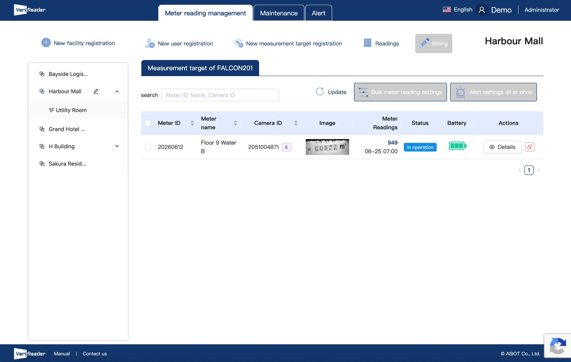 VeriReader unified dashboard showing energy usage trends across all monitored meters